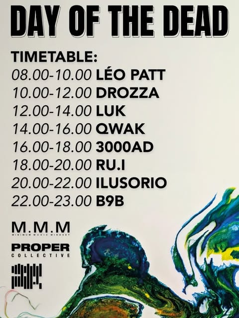 Day of the Dead timetable poster — set times 08:00 to 23:00